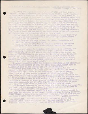 “Fair Housing Federation of Massachusetts - Annual Conference 1964-1965, Emmanuel College - Jan 16th” - information about upcoming conference