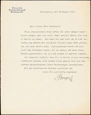 Bernstorff, Johann Heinrich, Graf von, 1862-1939 typed letter signed to Hugo Münsterberg, Washington, D.C., 15 August 1911