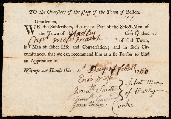 Mark Noble indentured to apprentice with Moses Marsh of Hadley, 14 February 1760
