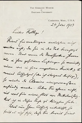 Francke, Kuno, 1855-1930 autograph letter signed to Hugo Münsterberg, Cambridge, Mass., 24 June 1913