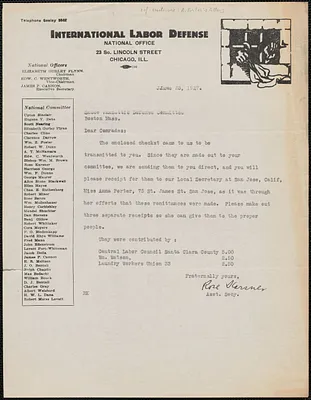 Rose Karsner (International Labor Defense) typed letter signed to Sacco-Vanzetti Defense Committee, Chicago, Ill., June 23, 1927