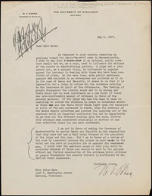 M. V. O'Shea typed letter signed to Helen Katz, Madison, Wis., May 2, 1927