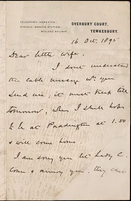 [John Biddulph Martin] autograph note signed to [Victoria Woodhull Martin], Tewkesbury, [England], October 16, 1895