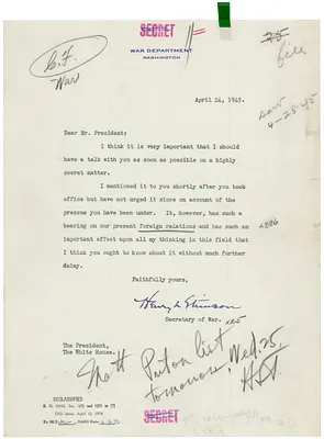 Letter from Secretary of War Henry Stimson to President Harry S. Truman