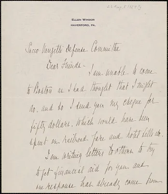 Ellen Winsor autograph letter signed to Sacco-Vanzetti Defense Committee, Haverford, Pa., August 21, [1927]