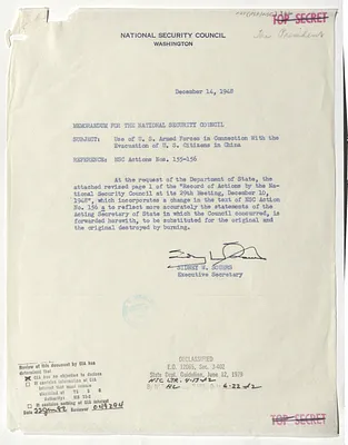 Memorandum from Sidney Souers to the National Security Council with Attachment