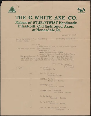 L. J. Eddy typed letter signed to Sacco-Vanzetti Defense Committee, Honesdale, Pa., August 20, 1927