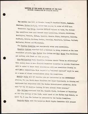 Meeting Minutes for Fair Housing Federation of Greater Boston, March 1964