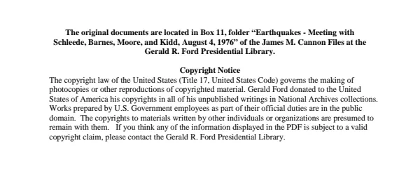 Earthquakes - Meeting with Schleede, Barnes, Moore, and Kidd, August 4, 1976