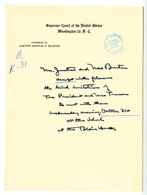 Invitation Reply from Justice and Mrs. Harold Burton to the White House Social Office