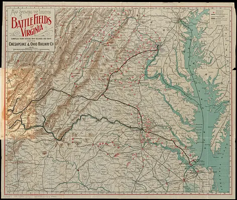 Map showing the location of battle fields of Virginia