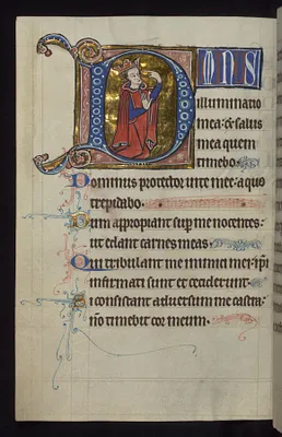 King David kneeling and pointing to his eye