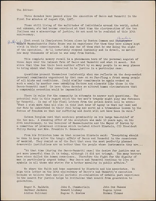 Roger N. Baldwin et al typed letter (draft) to Editor, [Boston, Mass., August 1957]
