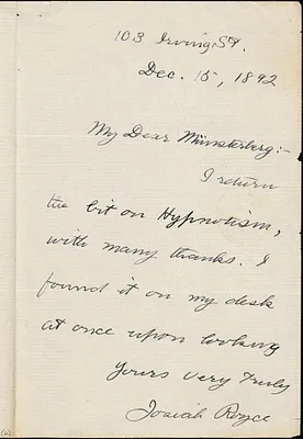 Royce, Josiah, 1855-1916 autograph letter signed to Hugo Münsterberg, Cambridge, Mass., 15 December 1892
