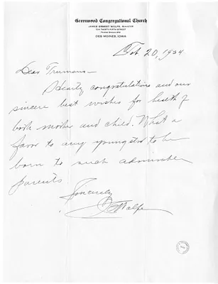 Letter from James Wolfe to Bess W. Truman