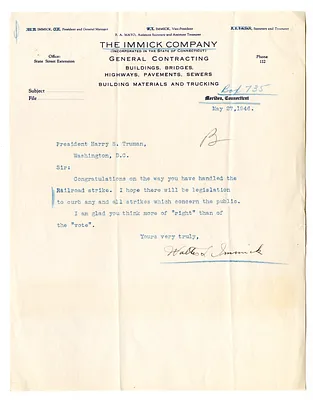 Letter from Walter Immick to President Harry S. Truman