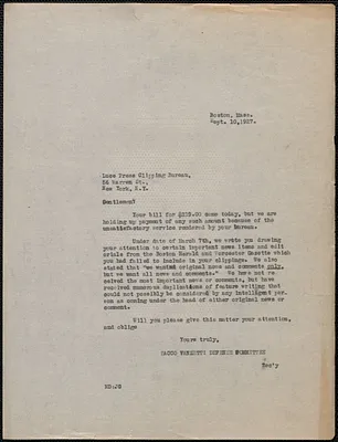 Mary Donovan (Sacco-Vanzetti Defense Committee) typed letter (copy) to Luce's Press Clipping Bureau, Boston, Mass., September 10, 1927