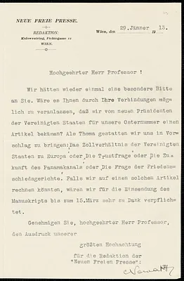 Neue Freie Presse typed letter signed to Hugo Münsterberg, Vienna, 29 January 1913
