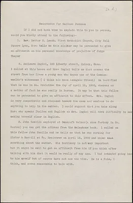 Typed memo to Gardner Jackson, [Boston, Mass.]