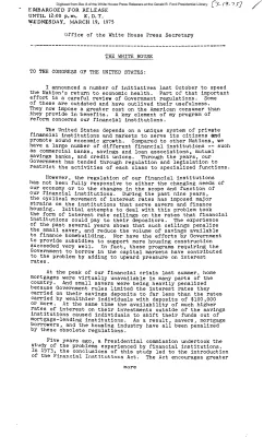President's Letter to Congress concerning his proposed financial institution regulations