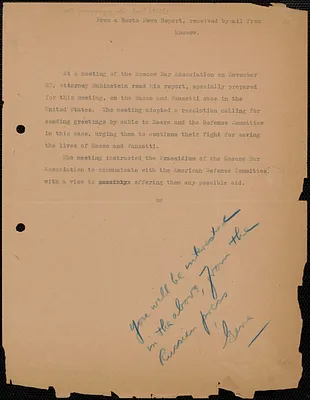Eugene Lyons typed note to Sacco-Vanzetti Defense Committee, [December? 1923?]