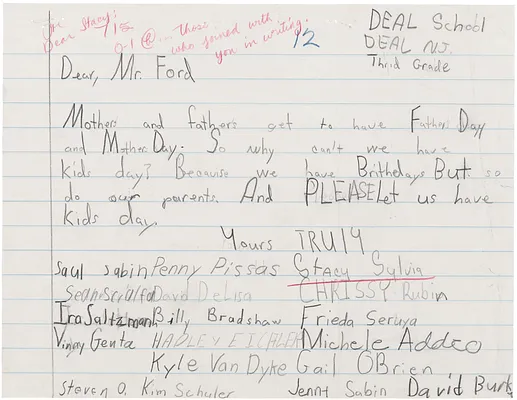 Letter from Third Grade Children at Deal School Asking President Gerald Ford for a "Kid's Day"