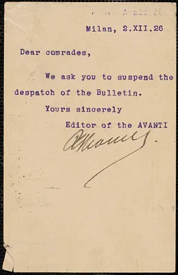 Avanti typed note signed postcard to Saccco-Vanzetti Defense Committee, Milan, Italy, December 2, 1926
