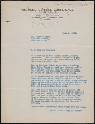Mary Donovan typed letter (copy) to Scott Nearing, Boston, November 3, 1924