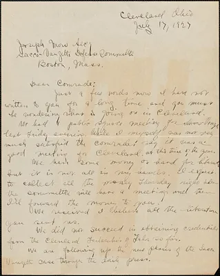 Bessie Kimmelman (Sacco-Vanzetti Defense Committee of Cleveland) autograph letter signed to Sacco-Vanzetti Defense Committee, Cleveland, Ohio, July 17, 1927