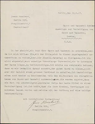 Jesco Hoeckert typed letter signed, in German, to Sacco-Vanzetti Defense Committee, Berlin, Germany, September 16, 1927