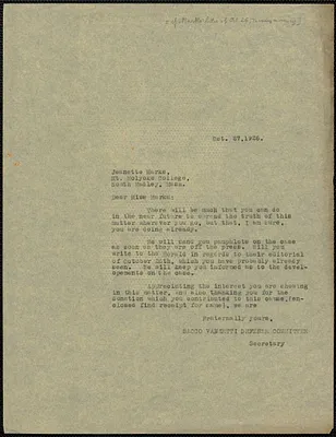 Sacco-Vanzetti Defense Committee typed letter (copy) to Jeannette Marks, Boston Mass., October 27, 1926