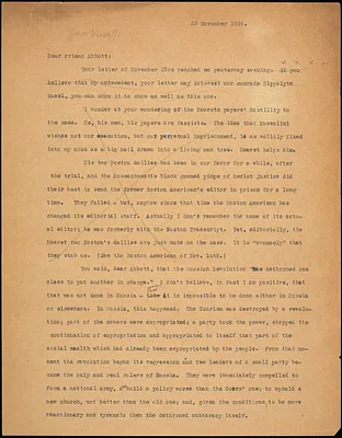 Bartolomeo Vanzetti typed letter (copy) to Leonard D. Abbott, [Charlestown], 25 November 1926