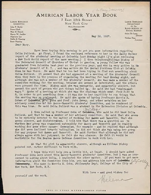 Helena (American Labor Year Book) typed letter signed to Mary Donovan, New York, N.Y., May 12, 1927