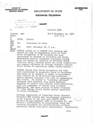 Telegram from Lincoln MacVeagh to Secrertary of State James Byrnes