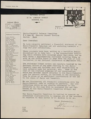 James P. Cannon (International Labor Defense) typed letter signed to Sacco-Vanzetti Defense Committee, Chicago, Ill., August 21, 1926
