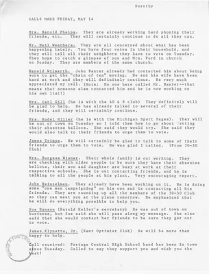 Calls Made By Dorothy Downton Regarding the 1976 Michigan Primary Race