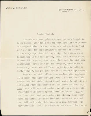 Halle, Ernst von, 1868-1909 typed letter signed to Hugo Münsterberg, Grunewald b. Berlin, 9 October 1907