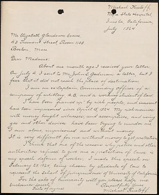 Michael Kristoff autograph letter signed to Elizabeth Glendower Evans, Imola, Calif., July 1924