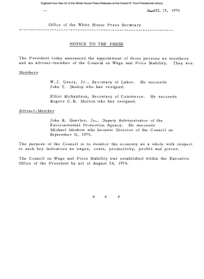 President Appoints W.J. Usery, Jr., Secretary of Labor; and Elliot Richardson, Secretary of Commerce, as Members, and John R. Quarles, Jr., Deputy Administrator of the EPA, as Adviser-Member of the Council on Wage and Price Stability [Position Appointments and Resignations]