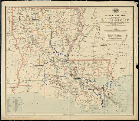 Post route map of the State of Louisiana showing post offices with the intermediate distances and mail routes in operation on the 1st. of December, 1895