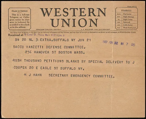 H. J. Hahn (Sacco-Vanzetti Emergency Committee, Buffalo) telegram to Sacco-Vanzetti Defense Committee, Buffalo, N.Y., June 22, 1927