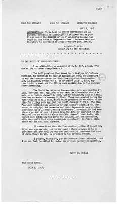 Press Release, Letter from President Harry S. Truman to the House of Representatives
