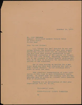 Sacco-Vanzetti Defense Committee typed letter (copy) to Fred Monosson (Waterproof Garment Workers Union), December 14, 1923