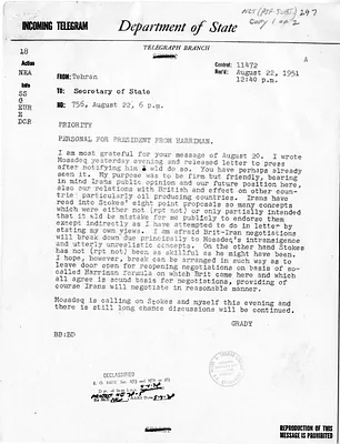 Telegram from Ambassador Henry Grady to Secretary of State Dean Acheson, Number 756