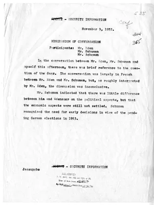 Memorandum of Conversation with Secretary of State Dean Acheson, Foreign Secretary of Great Britain Anthony Eden, and Minister of Foreign Affairs of France Robert Schuman