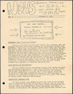 Boston Friends of S.N.C.C. News, November 5, 1964