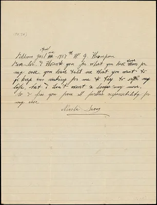 Nicola Sacco autographed note signed to William G. Thompson, Dedham, 6 April 1927