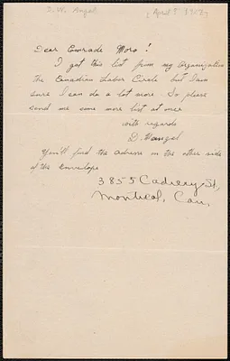 D. W. Angel autograph note signed to Joseph Moro, Montreal, Canada, [April? 1927]