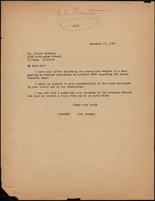 C. S. Deneen typed letter (copy) to Albert Wechsler (Sacco-Vanzetti Defense Committee of Chicago), December 17, 1926