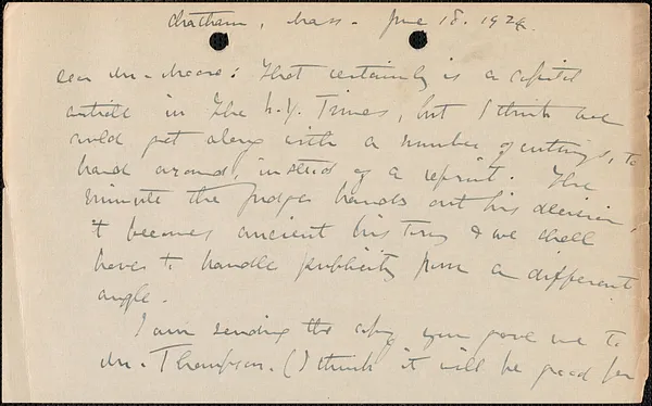 Elizabeth G[lendower] Evans autograph letter signed to [Fred H.] Moore, Chatham, Mass., June 18, 1924